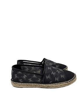 Chanel CC Monogram Logo Black Mesh Grosgrain Cap Toe Espadrilles Size 41